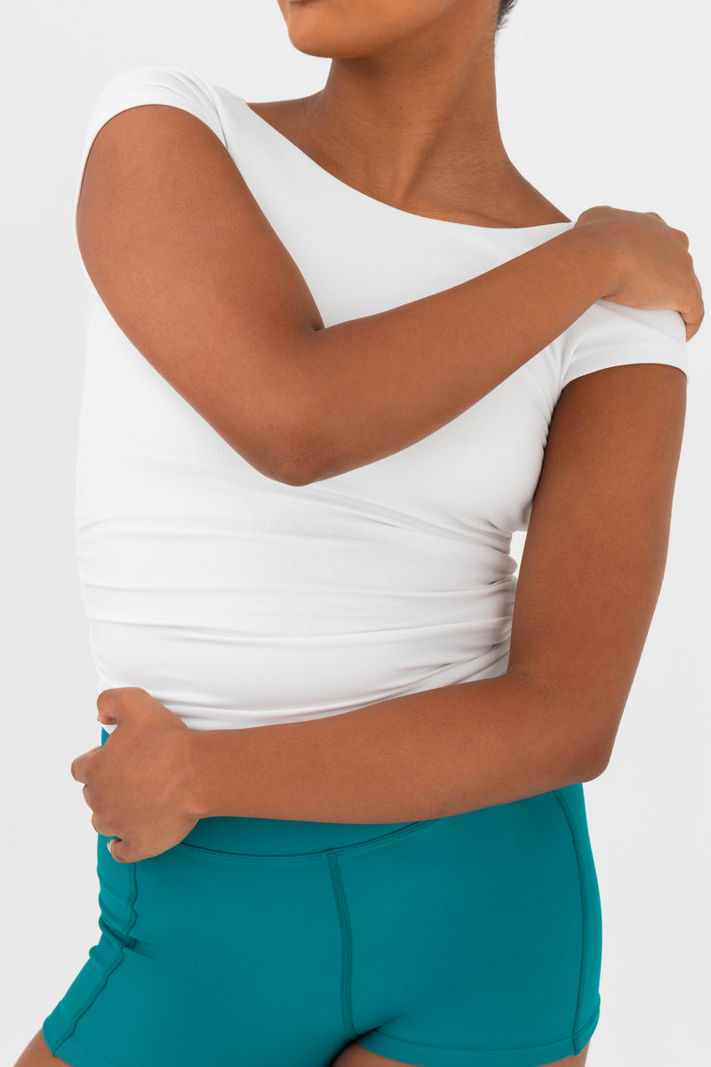 BFF Cropped Rib Tee in White by Every Turn - Up Close Front Detail View
