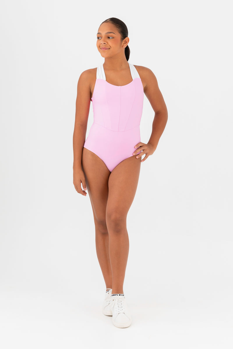 Every Turn Dance The Night Leotard In Milkshake Pink, Wide Straps & Twisted Back, Front View.