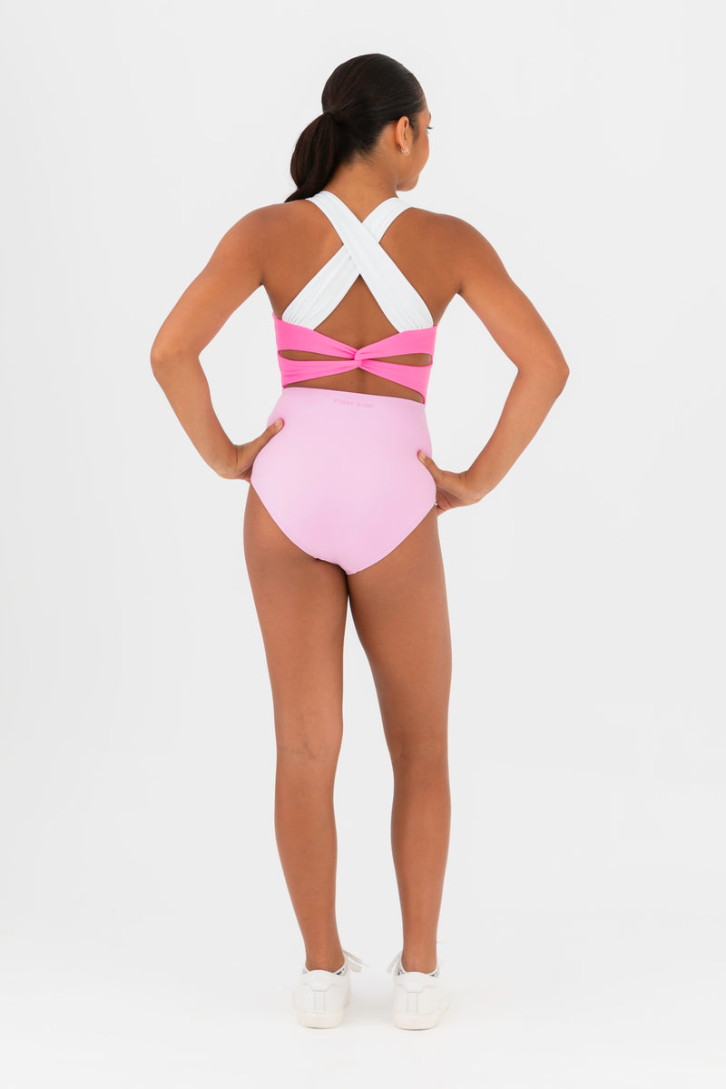Every Turn Dance The Night Leotard  In Milkshake Pink, Wide Straps & Twisted Back, Back View.