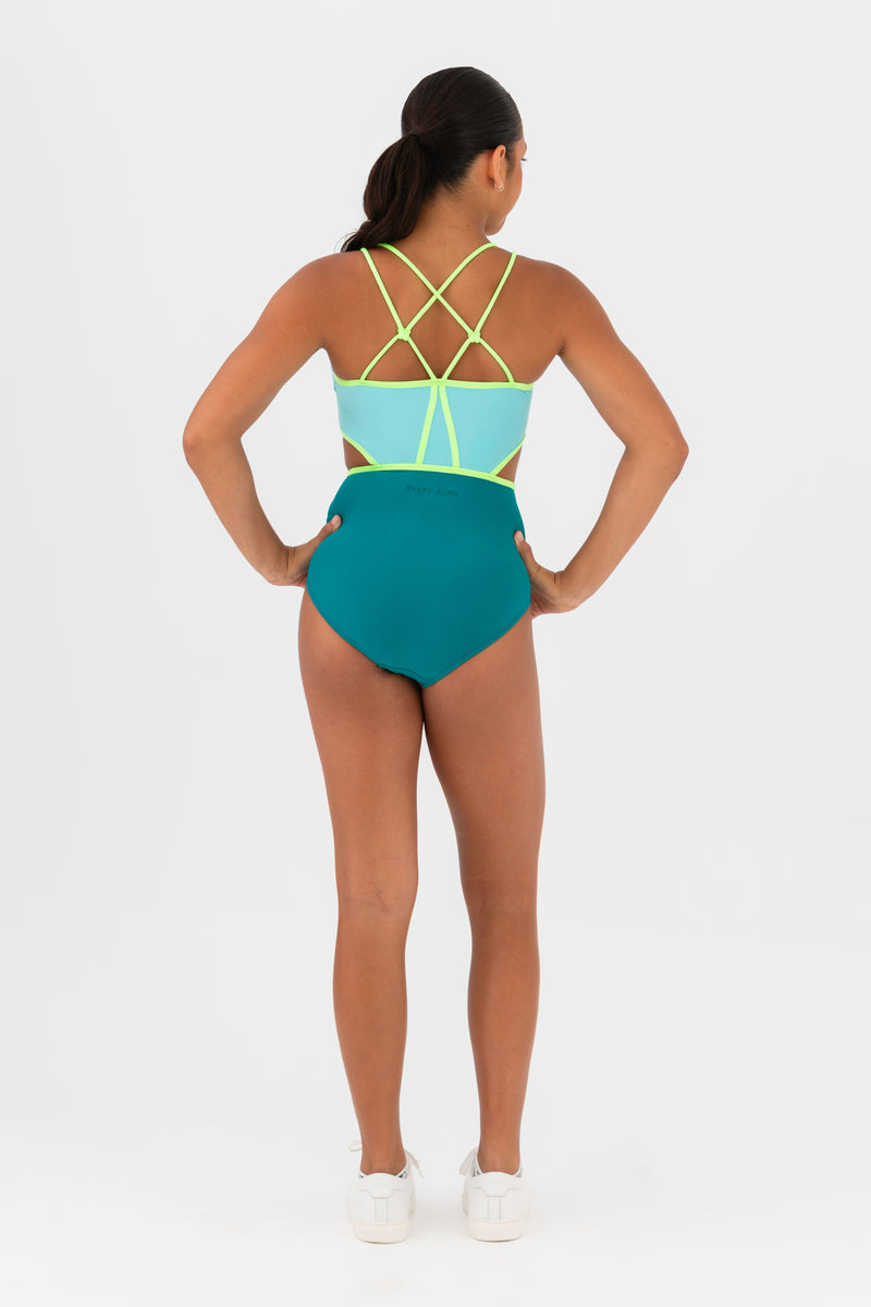 High Rotation Leotard in Maldives Blue by Every Turn - Back Product View