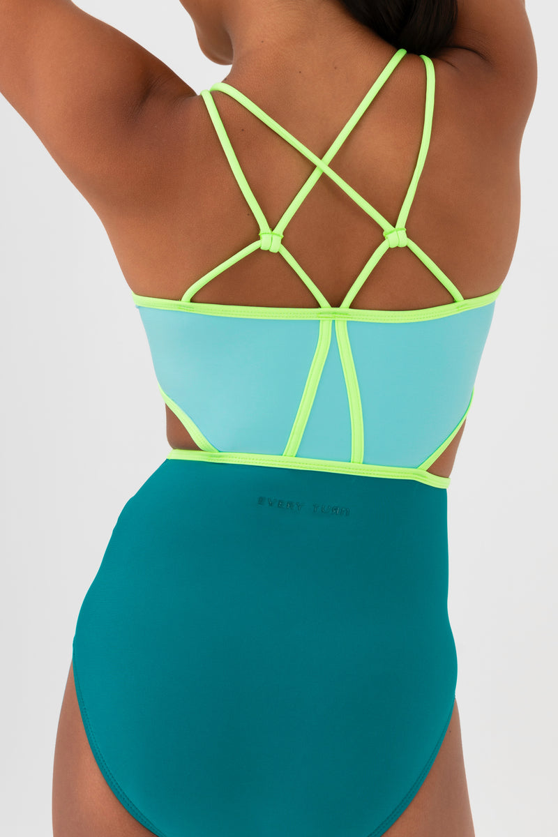 High Rotation Leotard in Maldives Blue by Every Turn - Up Close Detail View of Back of Leotatd